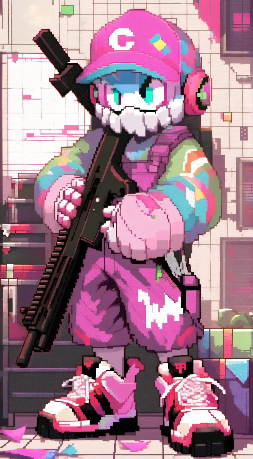 ai character: Huggy Wuggy w/ gun background