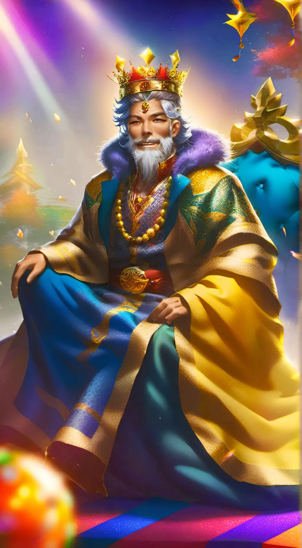 ai character: King Ryan Rainbow background