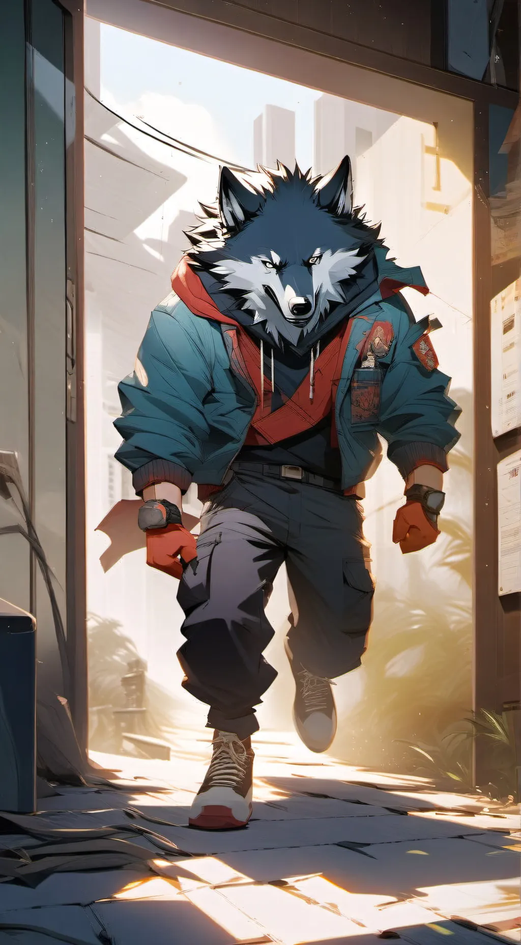 ai character: grey wolf fluffy background