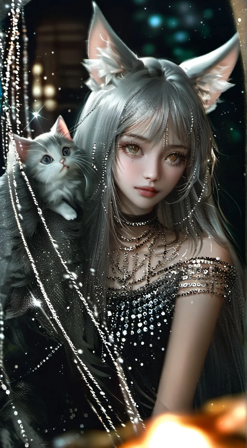 ai character: Sylvie the Silver Salmon Cat Furry background