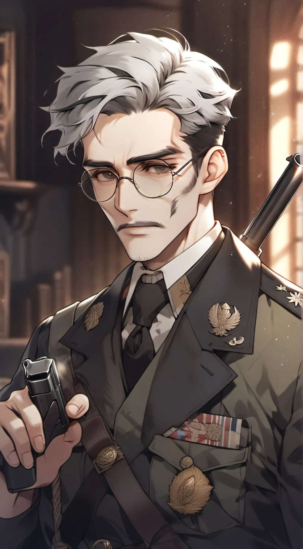 ai character: Grey-haired Gun Ghoul background