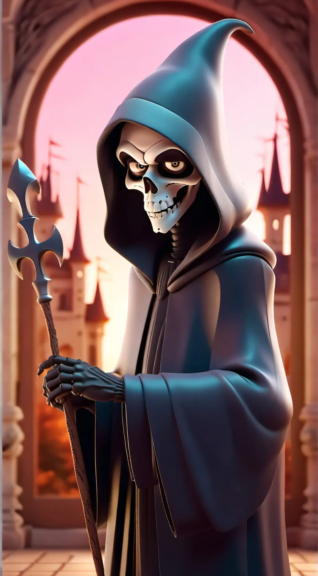 ai character: Grim Reaper Fluffy background