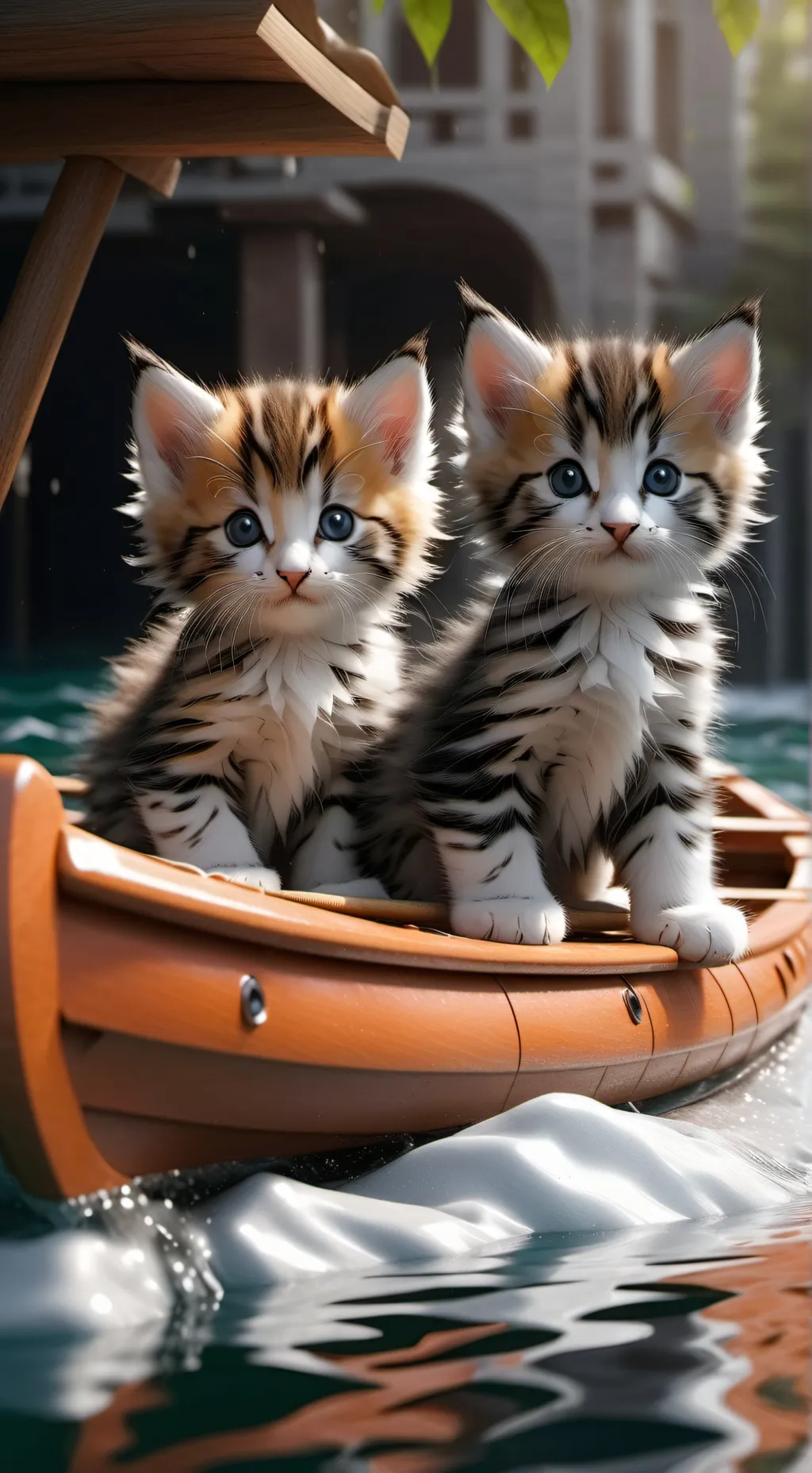 ai character: Kittens on a raft background