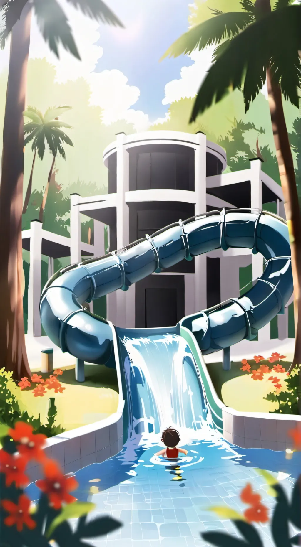 ai character: stuck water slide background