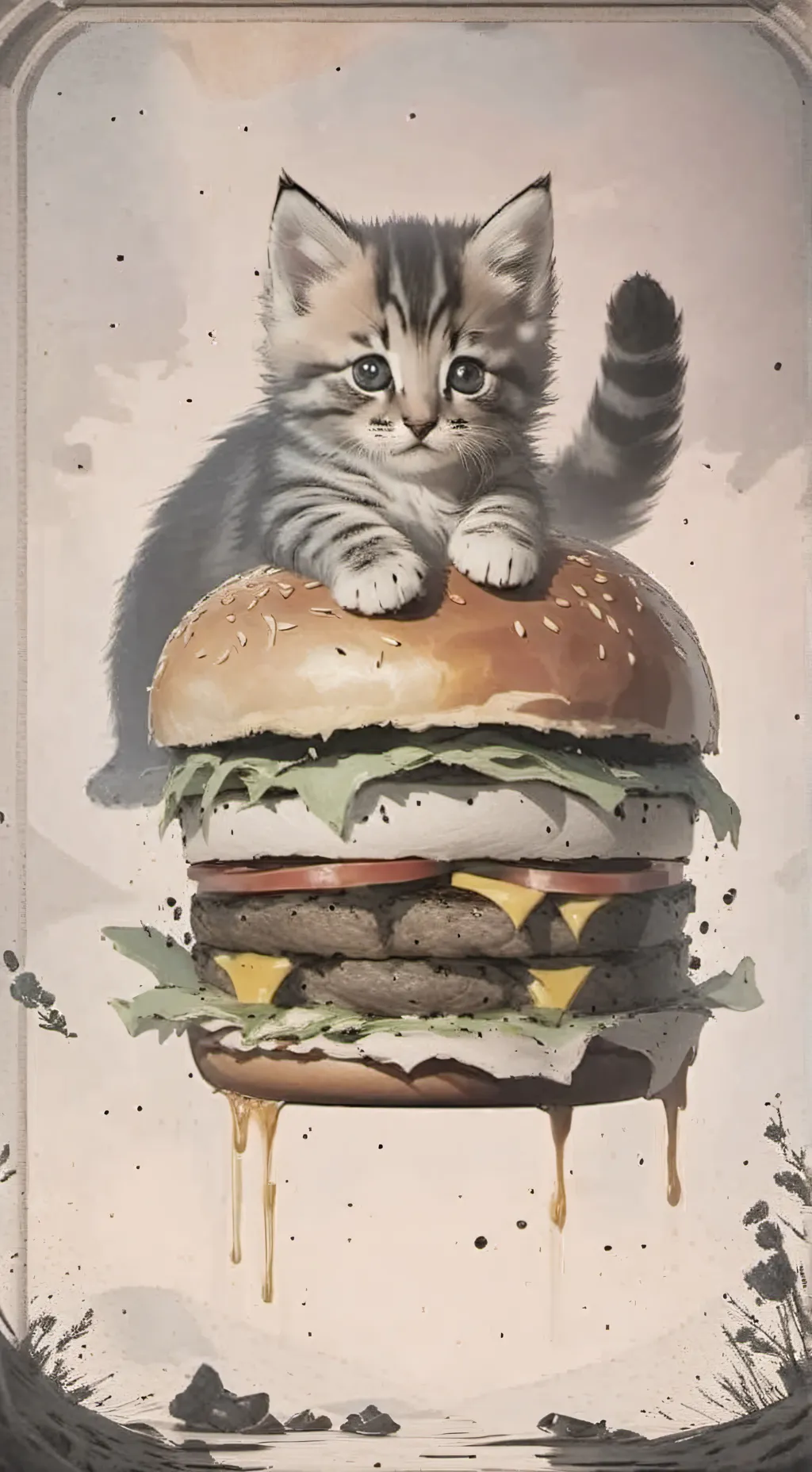 ai character: kitten eat burger background