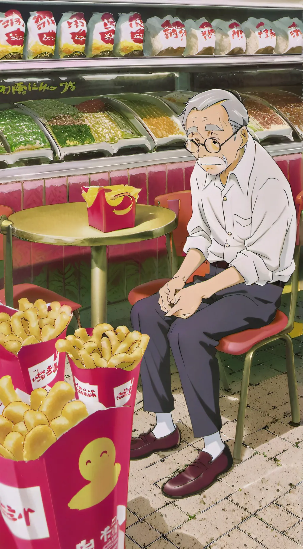 ai character: sad grandpa background