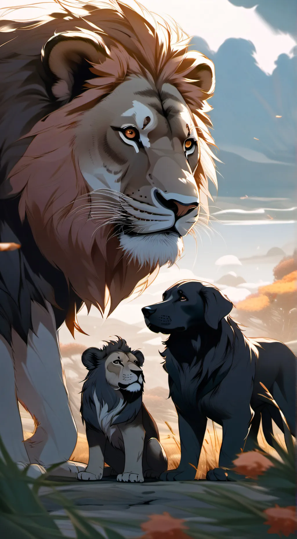 ai character: Dog, lion, & cub🐶🦁 background