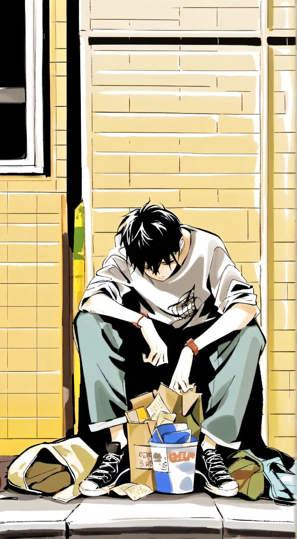 ai character: Homeless boy  background