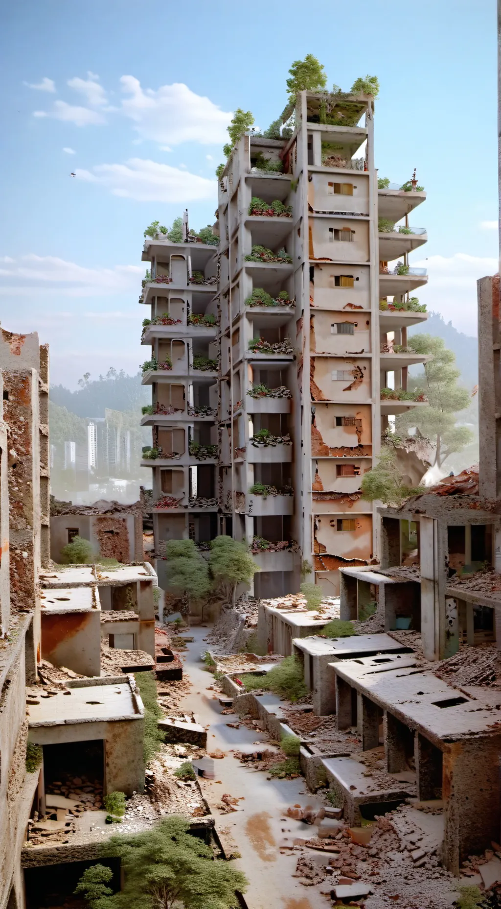 ai character: destroyed city background