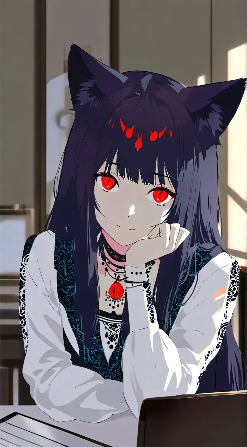 ai character: Red-Eyed Phantom Feline background