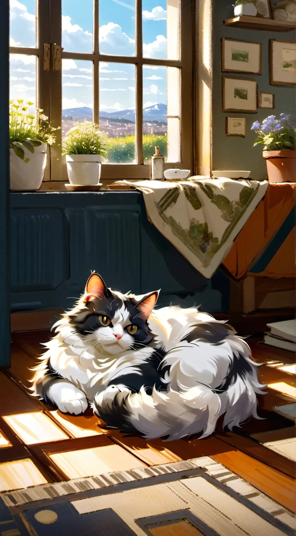 ai character: Fluffy cat  background