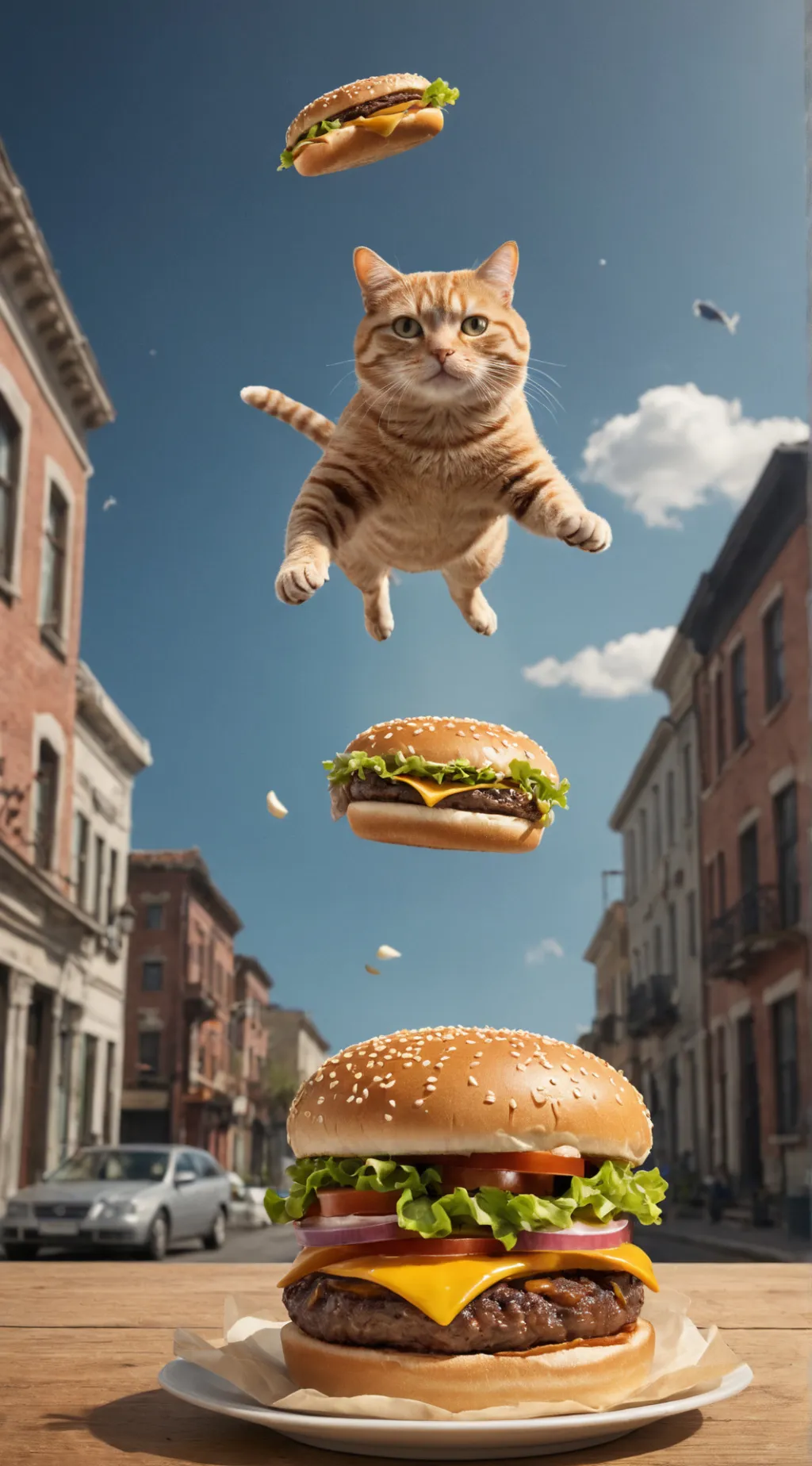 ai character: burger fly cat fly background