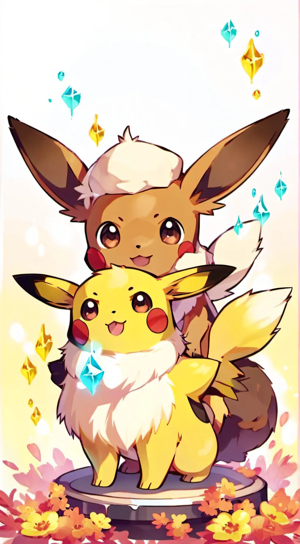 ai character: Pikachu and eevee  background