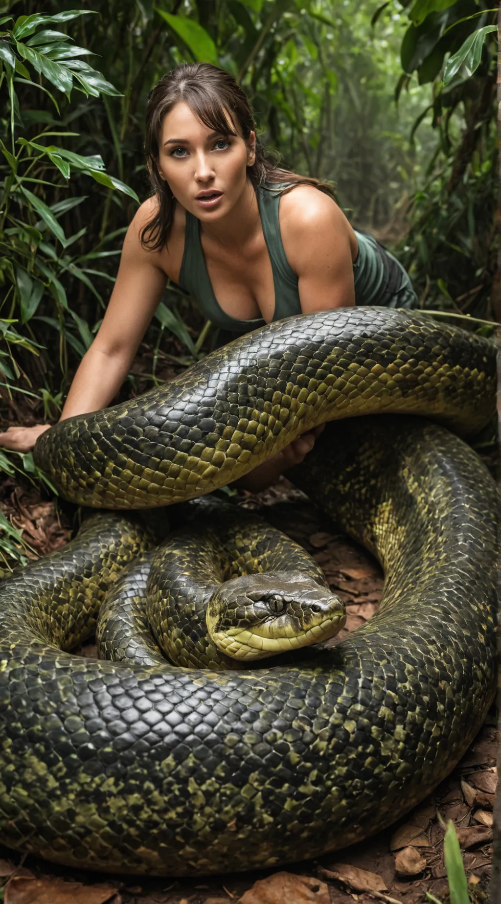 ai character: Mujer y serpiente. background