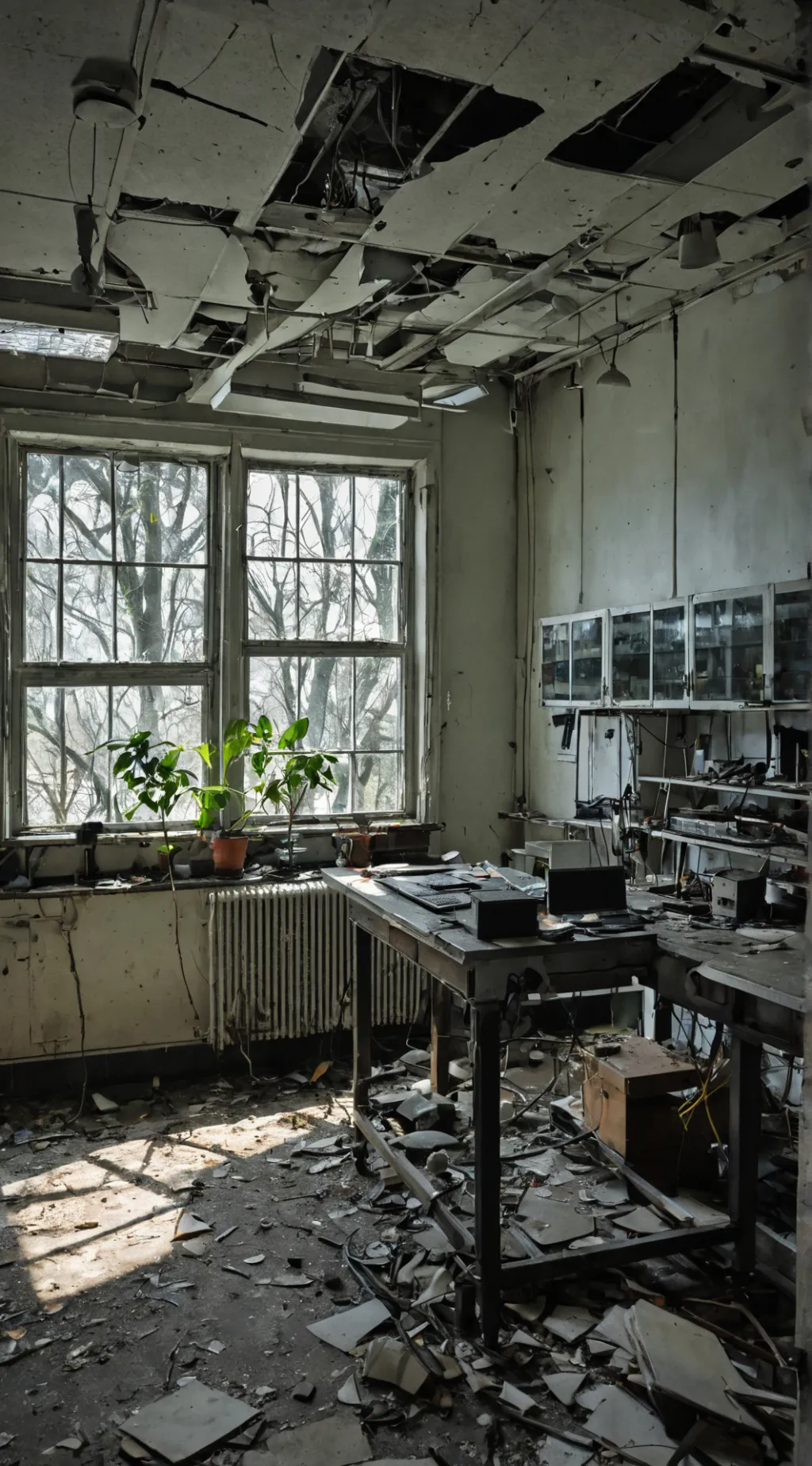 ai character: abandoned lab background