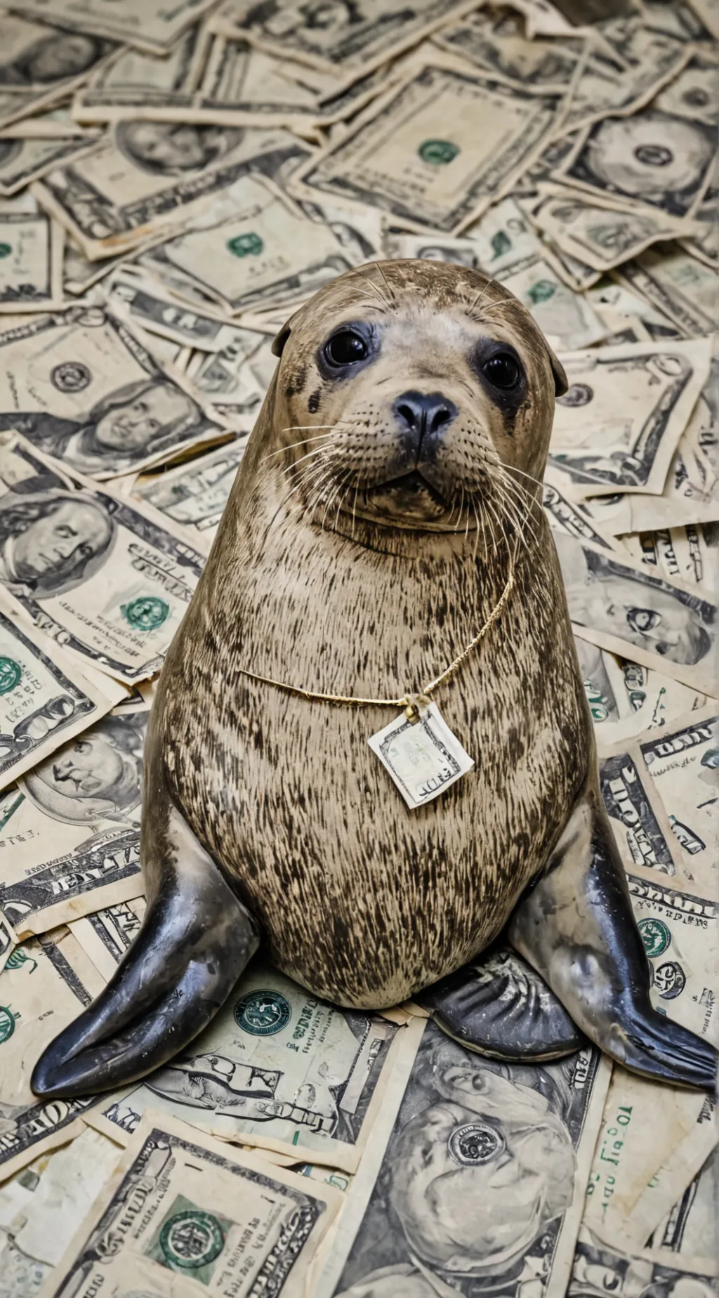 ai character: seal with money  background