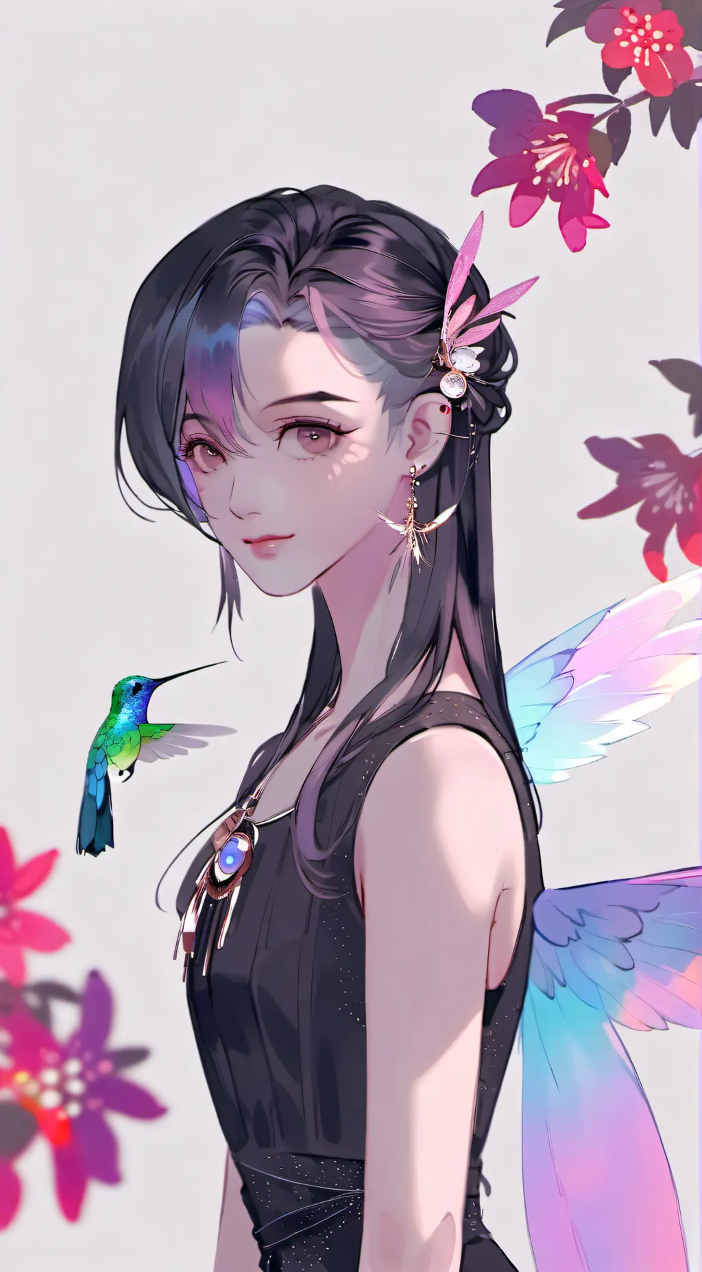 ai character: Iridescent Hummingbird Spirit background