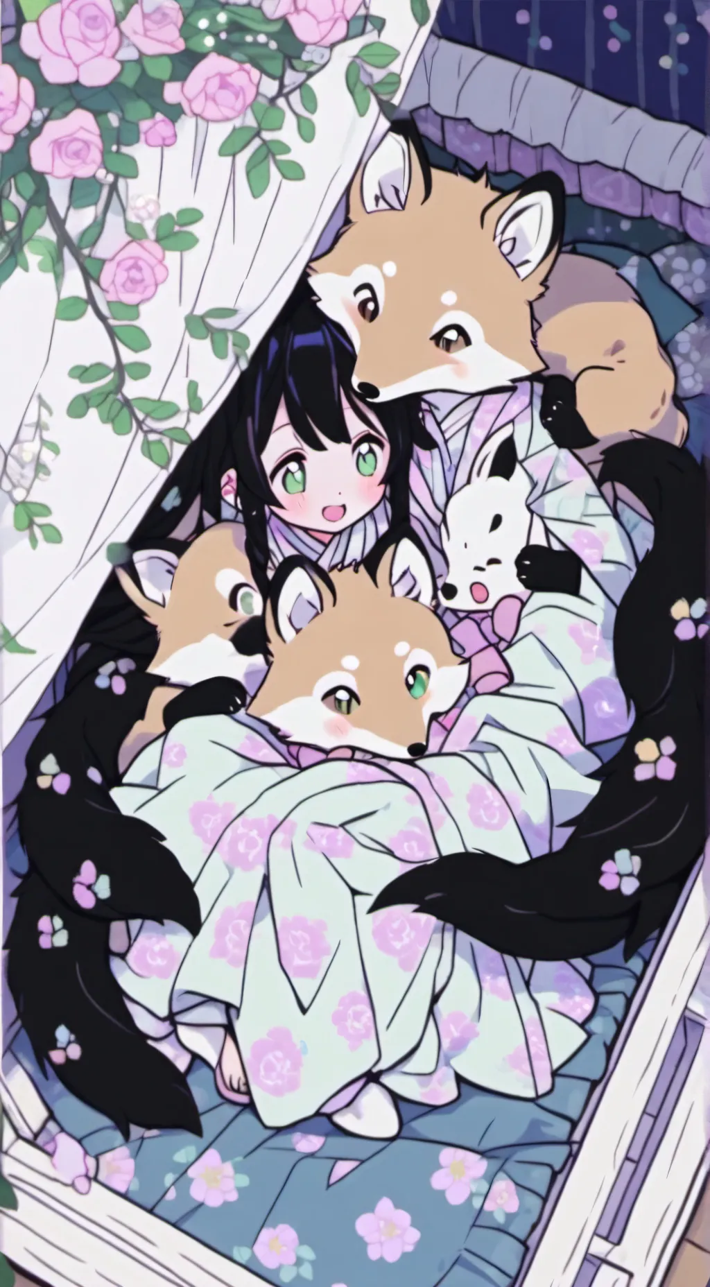 ai character: foxes under bed background