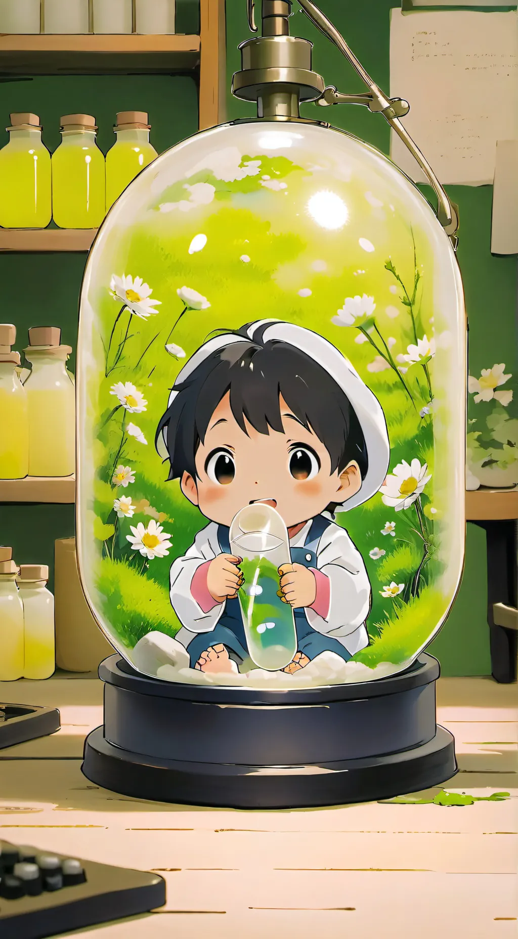 ai character: bebe en la cásula background