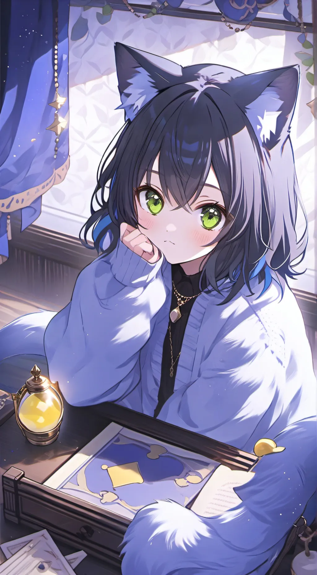 ai character: Bluey the Riddle Cat Spirit background