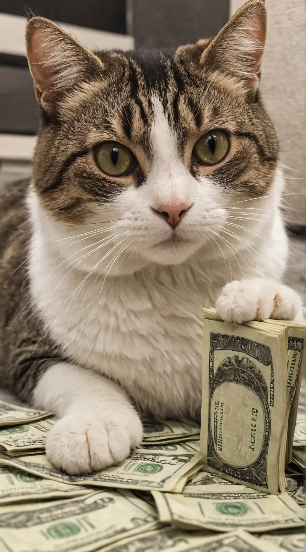 ai character: cat with money background