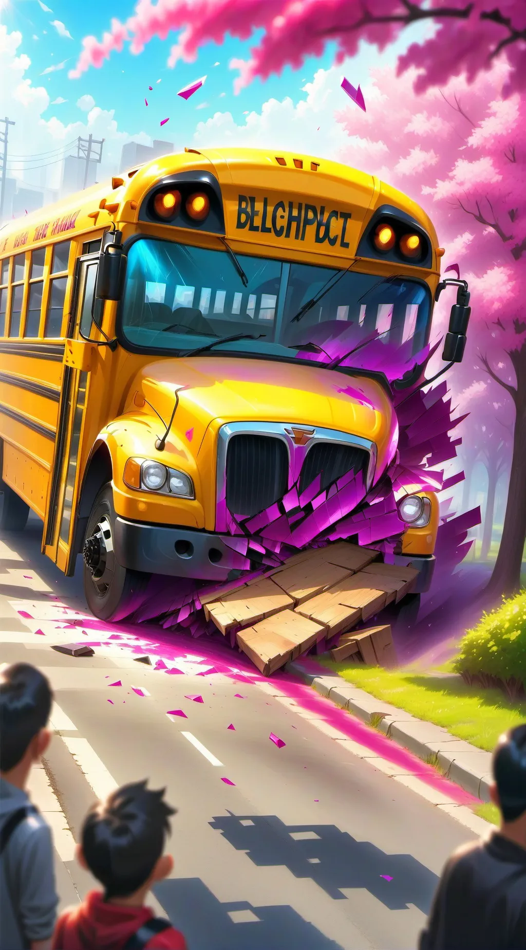 ai character: School bus crash  background