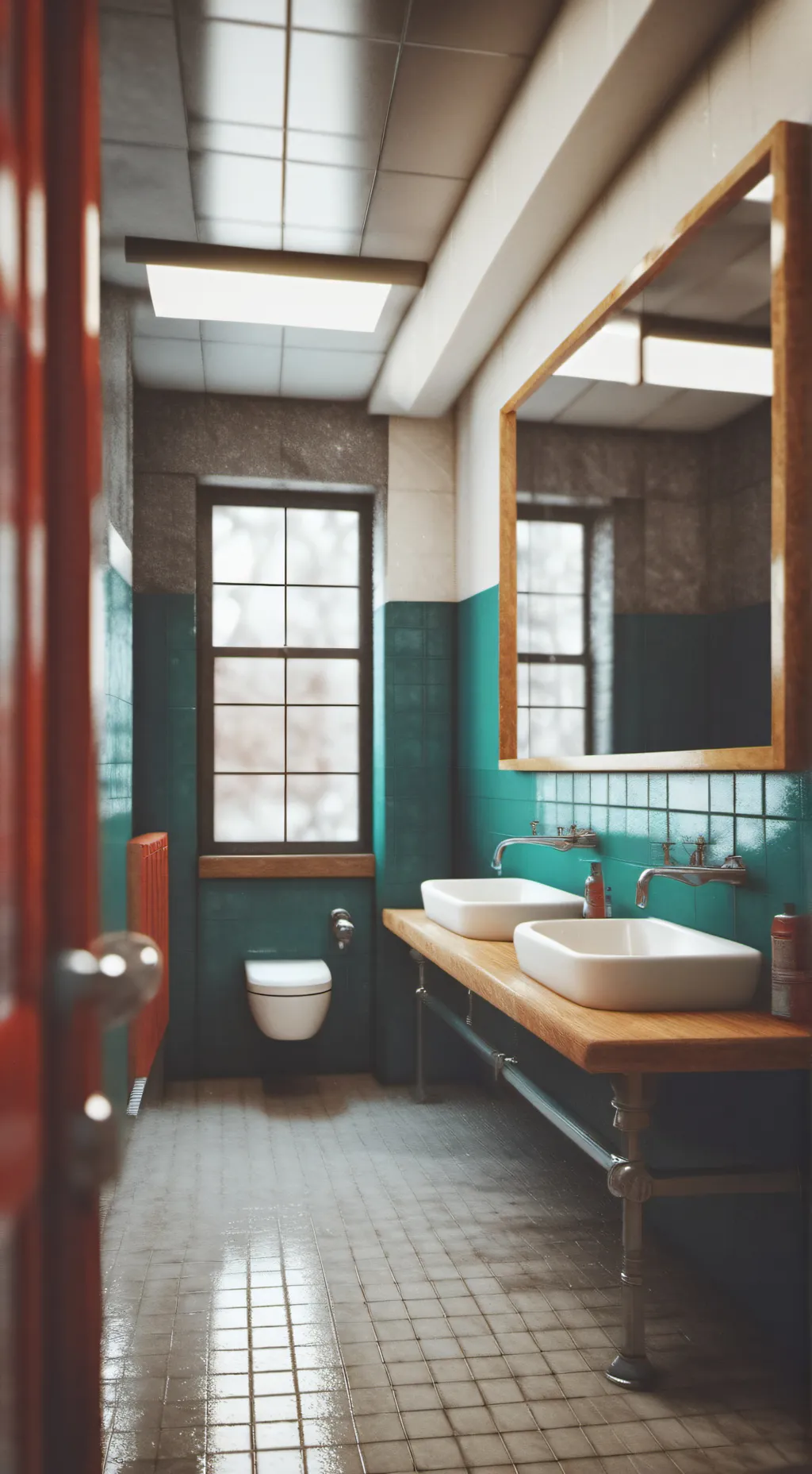 ai character: School bathroom background