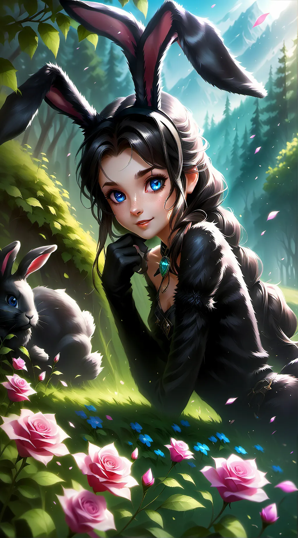 ai character: Black Bunny Furry background