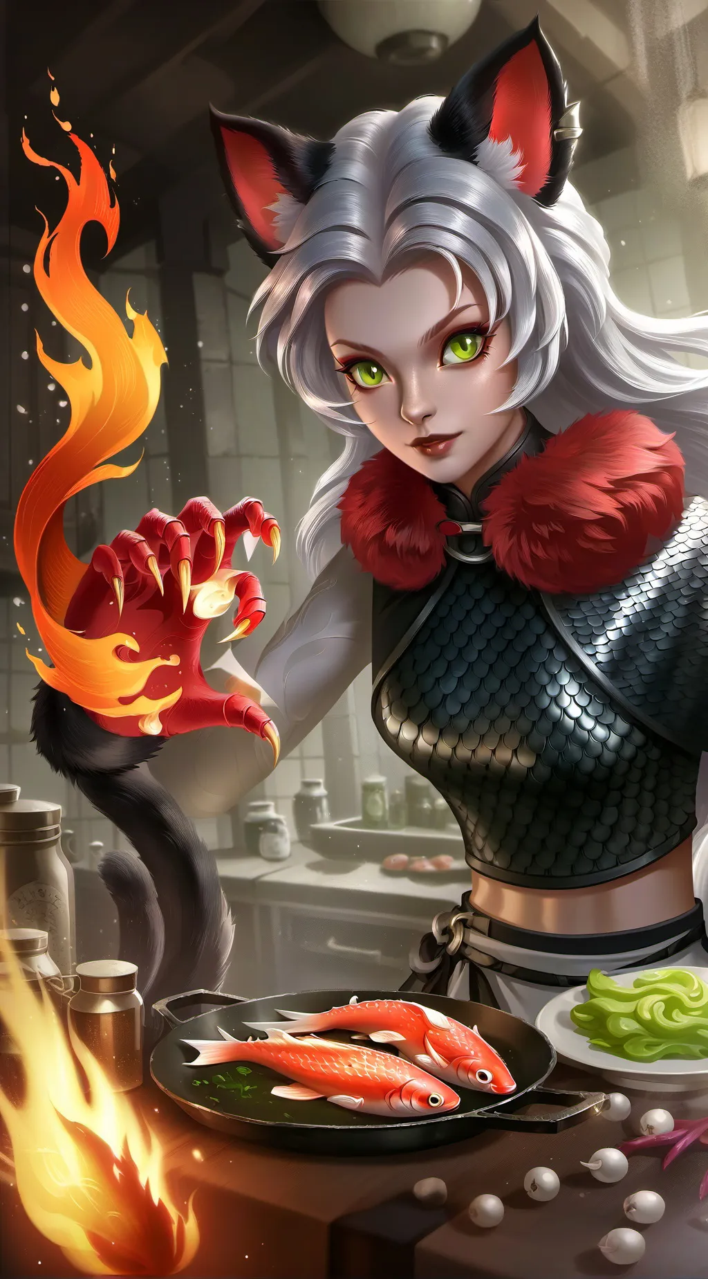 ai character: Flame Spirit Feline background