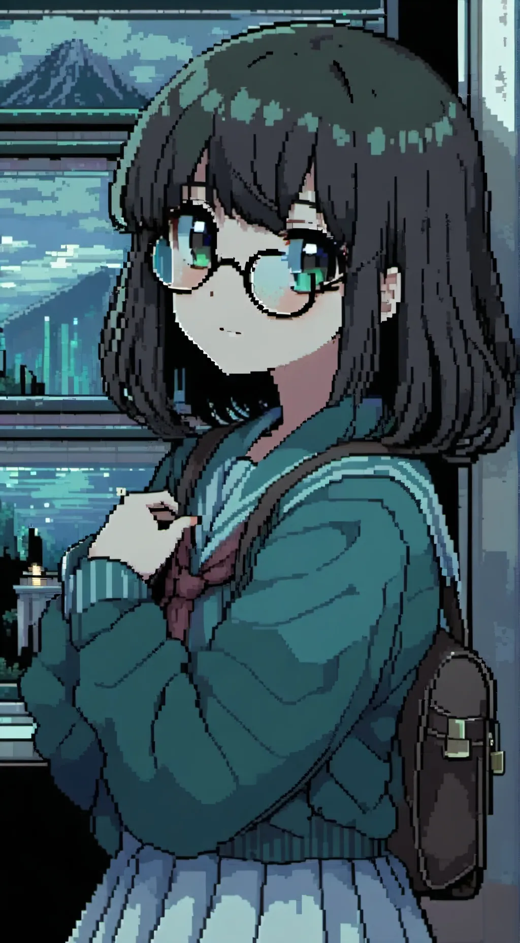 ai character: nerdy girl  background