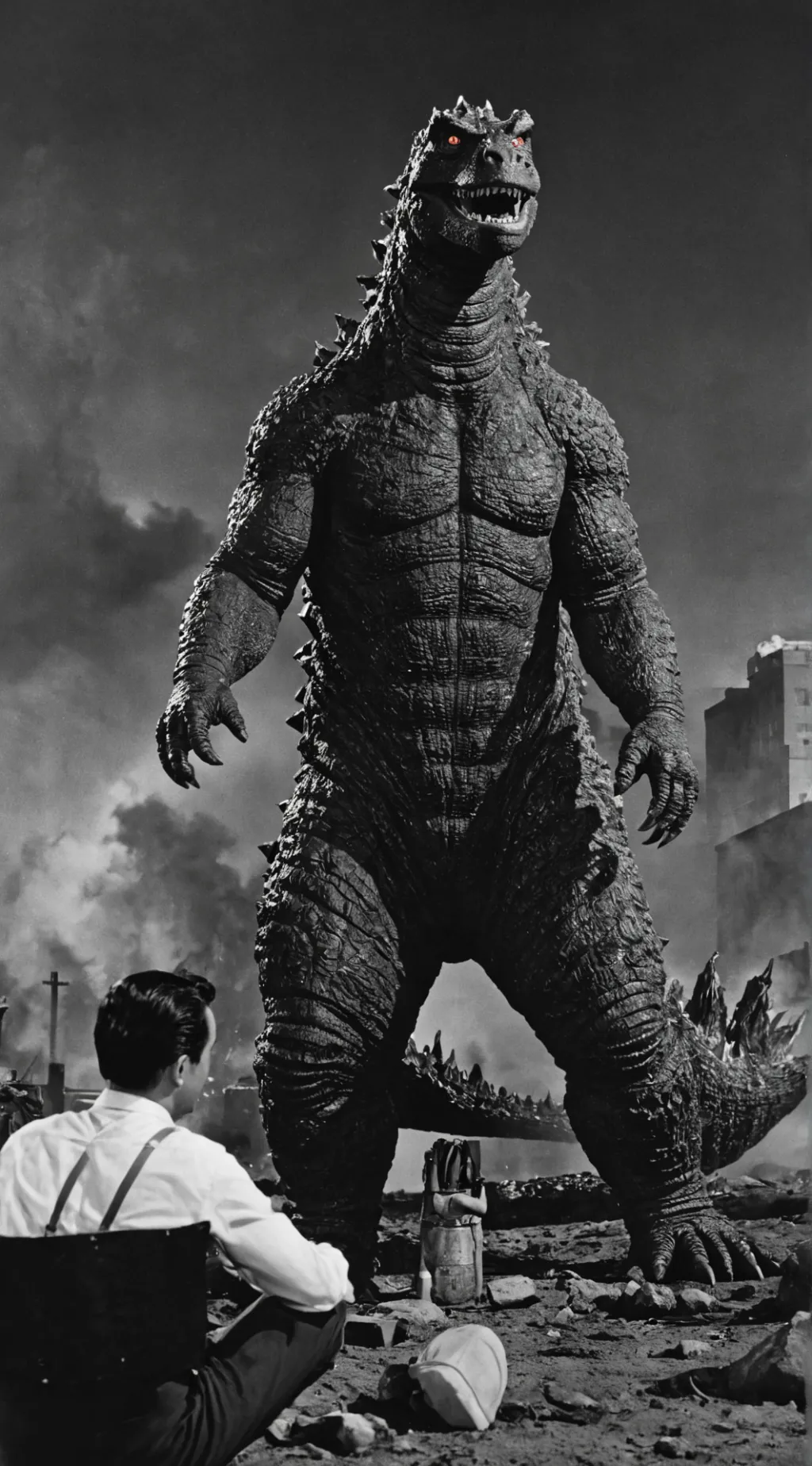 ai character: Godzilla man 1955 background