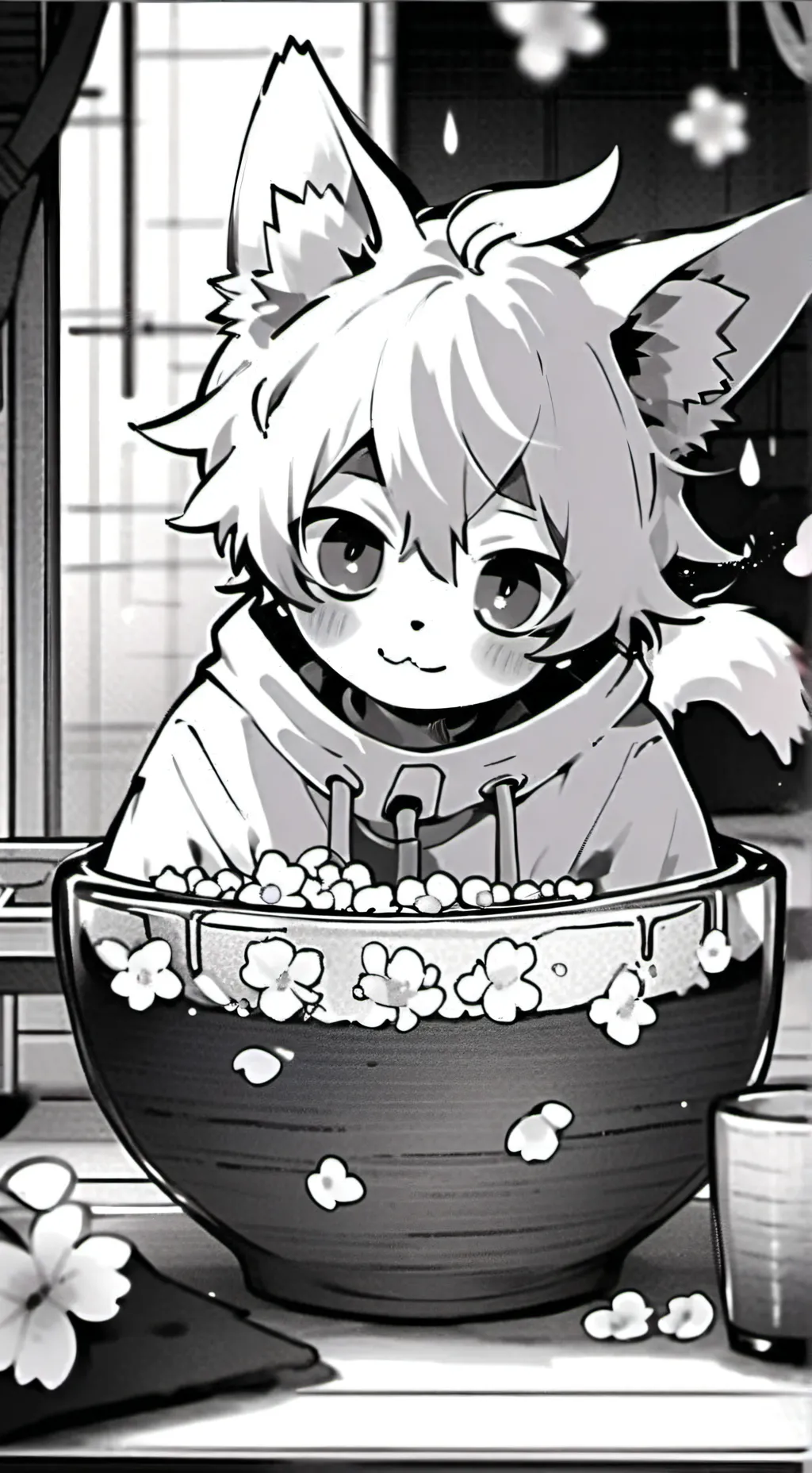 ai character: Black and White Furry Flower Spirit background