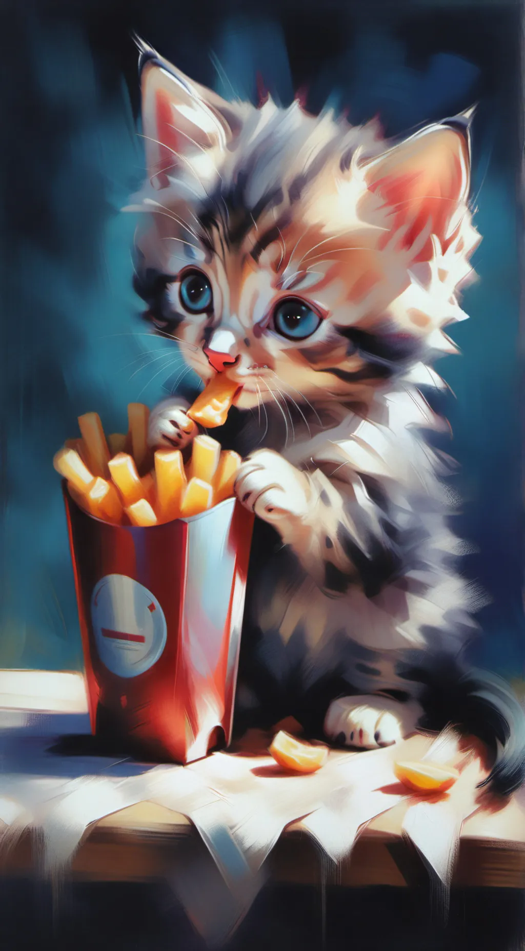 ai character: kitty eat fries background