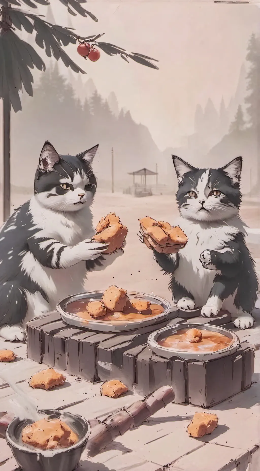 ai character: cat eating nuggies background