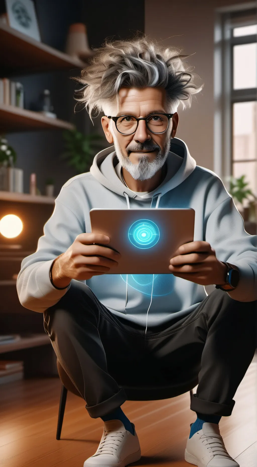 ai character: The Time Traveling Tech Guru background