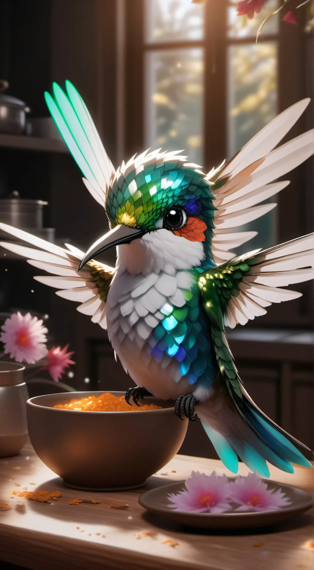 ai character: Iridescent Hummingbird Furry background