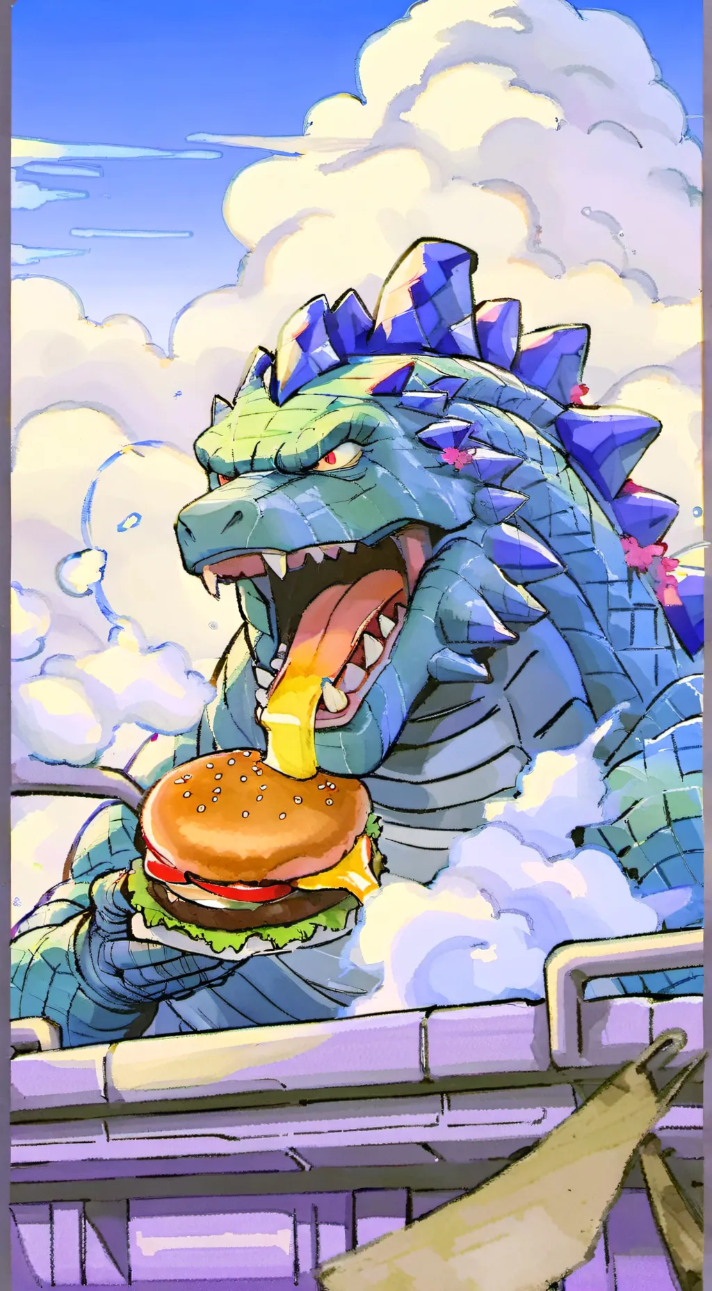 ai character: Godzilla food background
