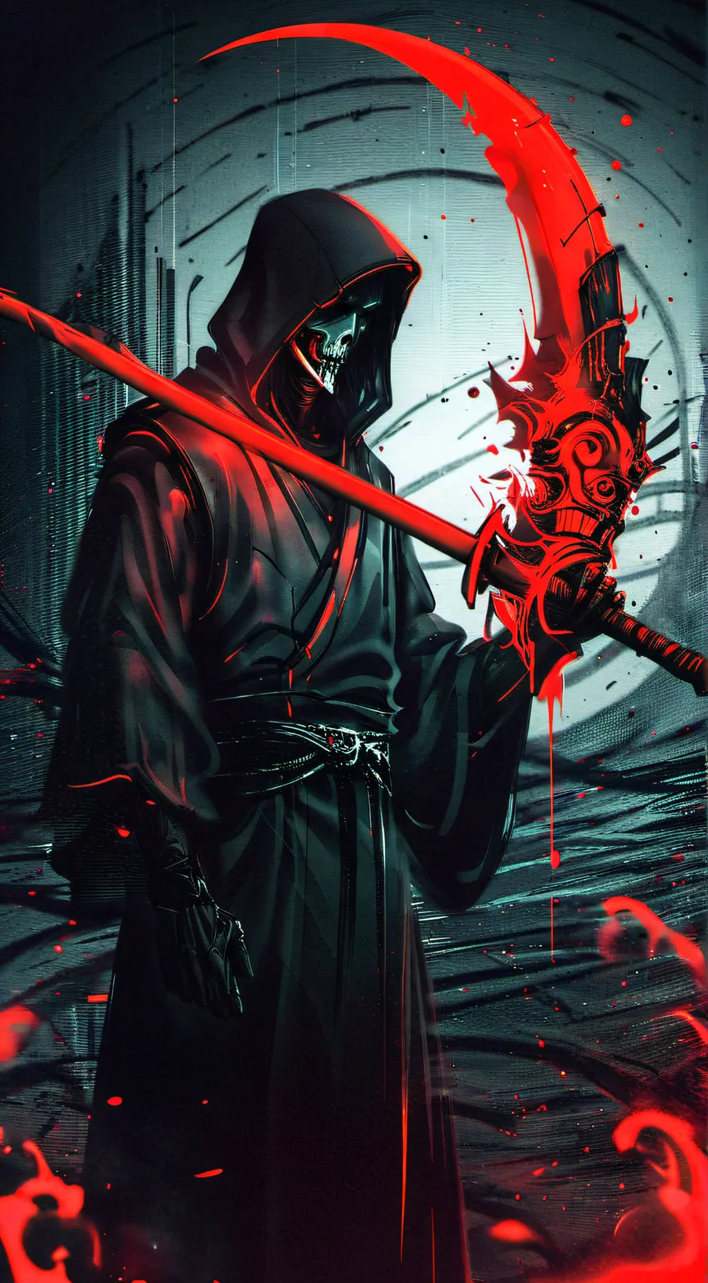 ai character: glitch Grim Reaper background