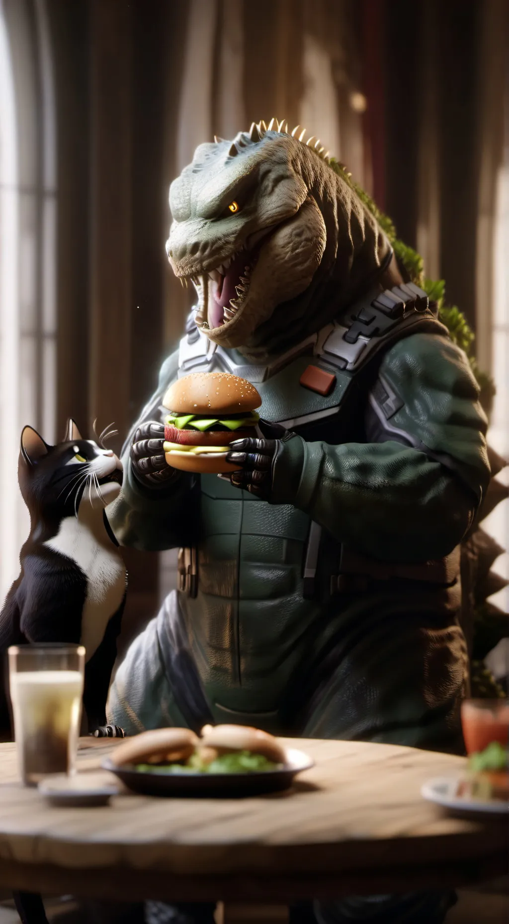 ai character: Godzilla  background