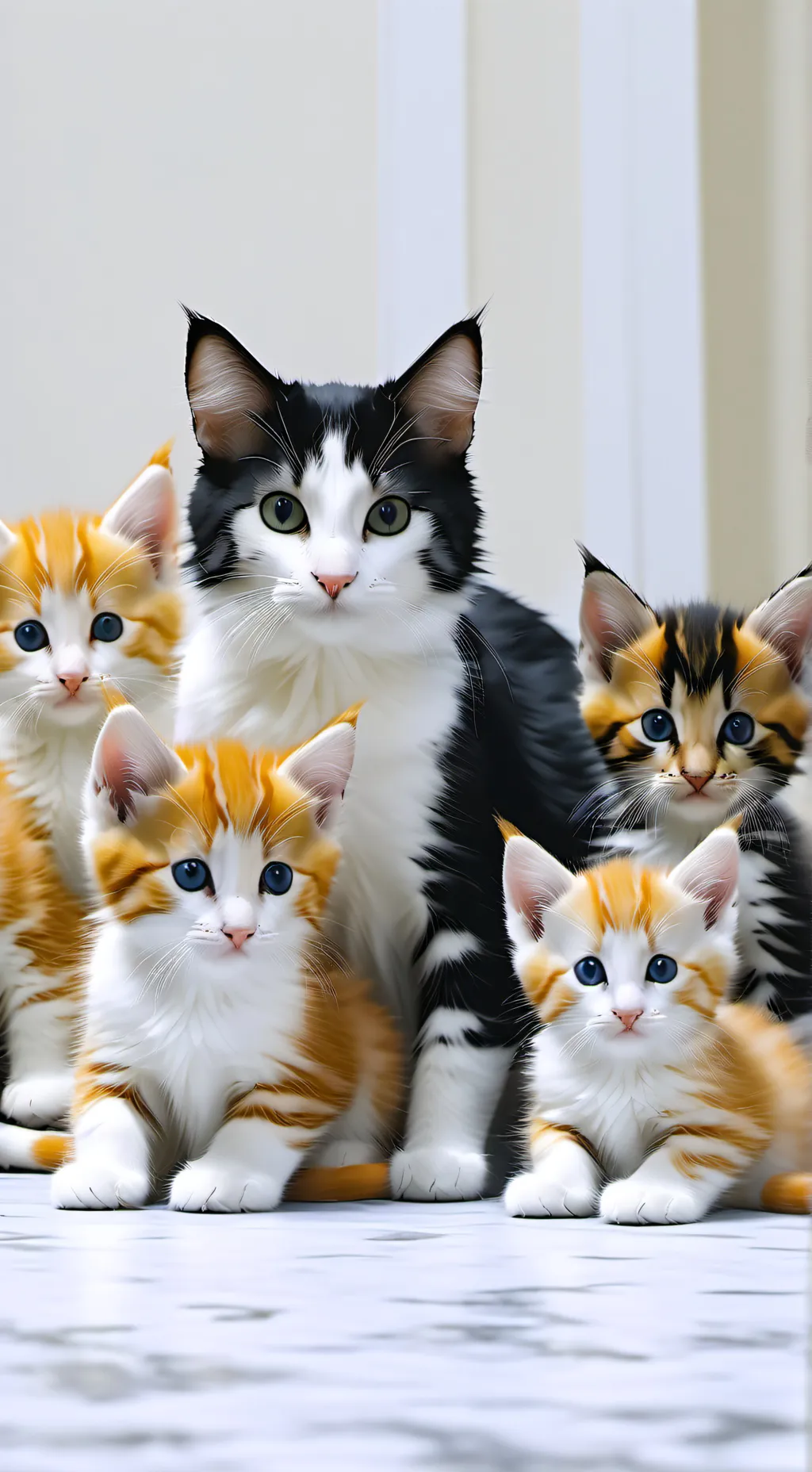 ai character: Calico kittens mom background