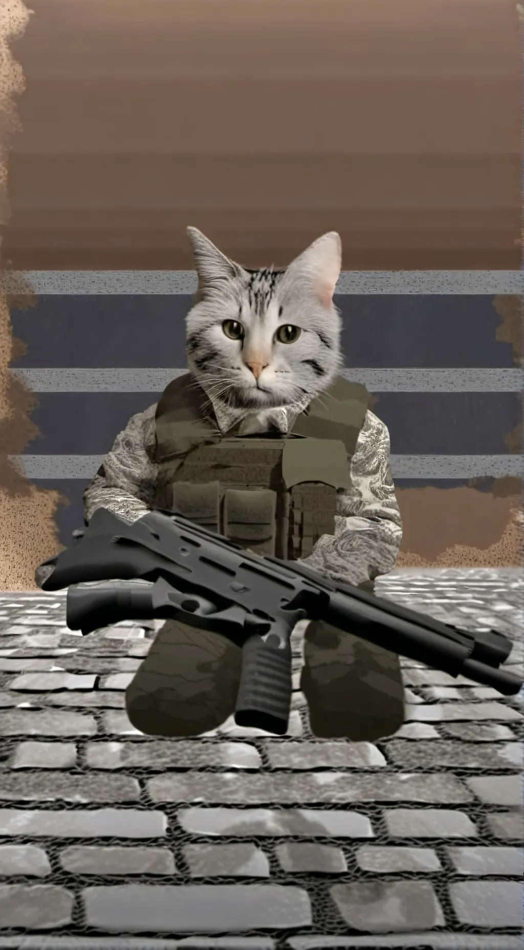 ai character: millitary cat  background