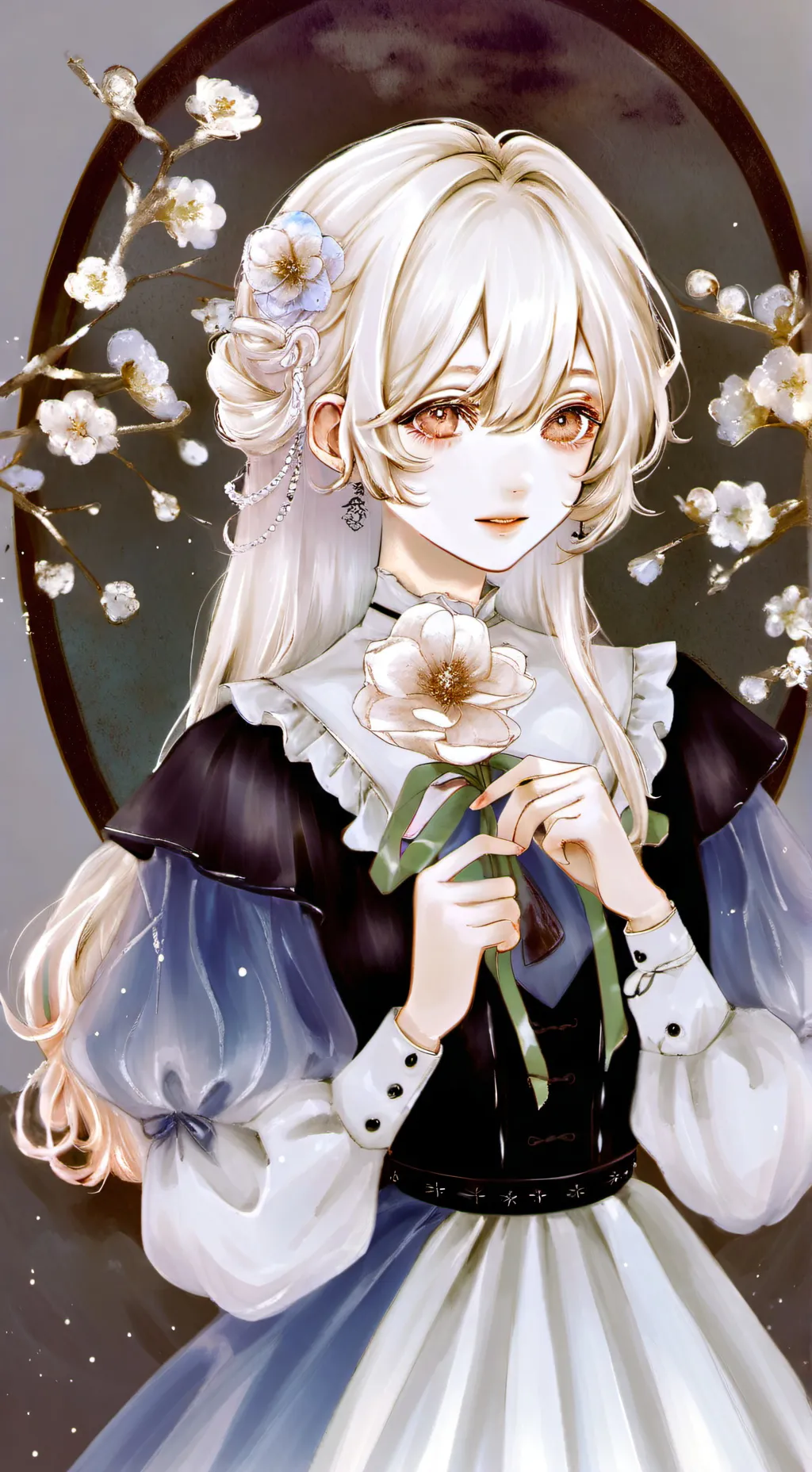 ai character: White haired girl background