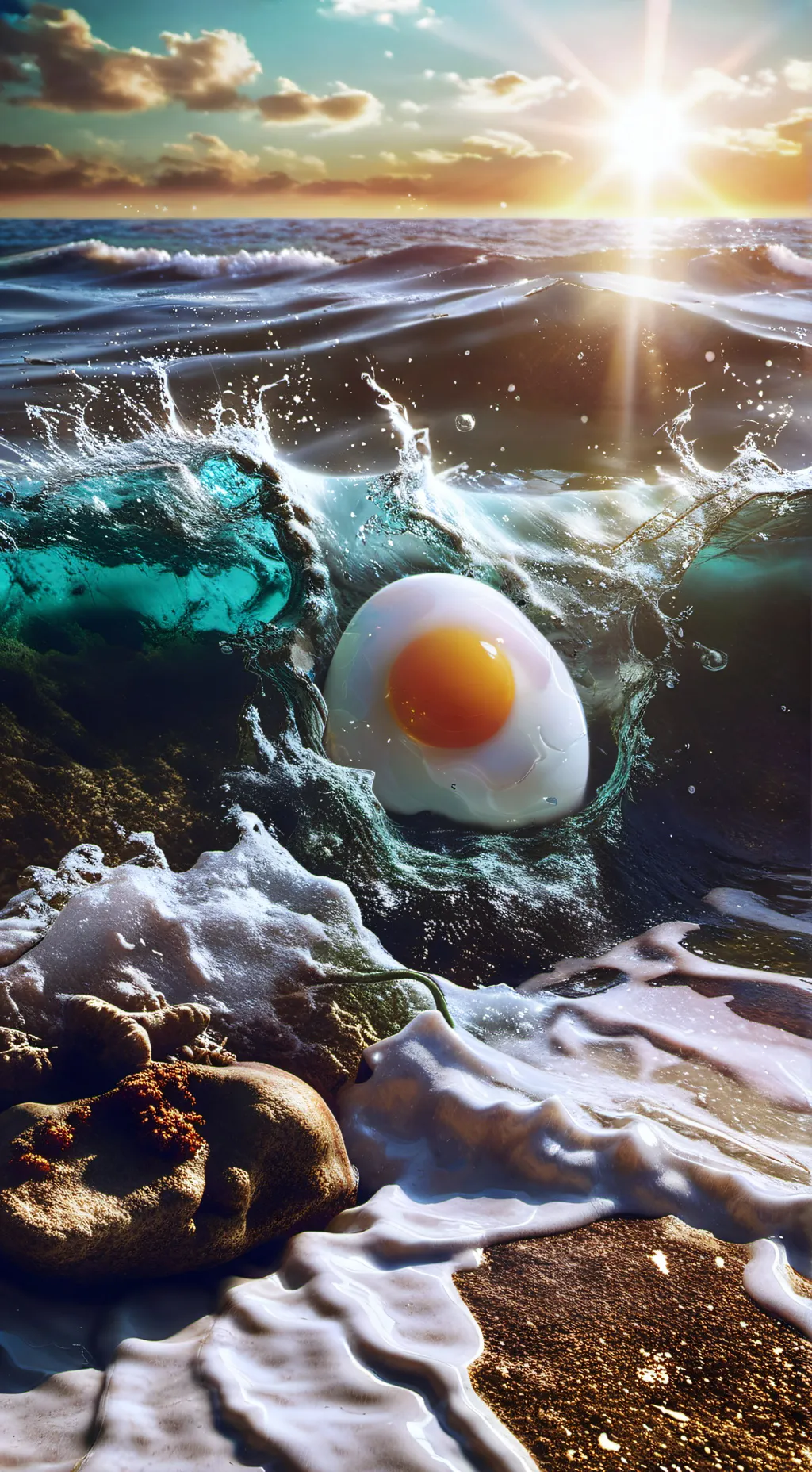 ai character: fried egg in water background