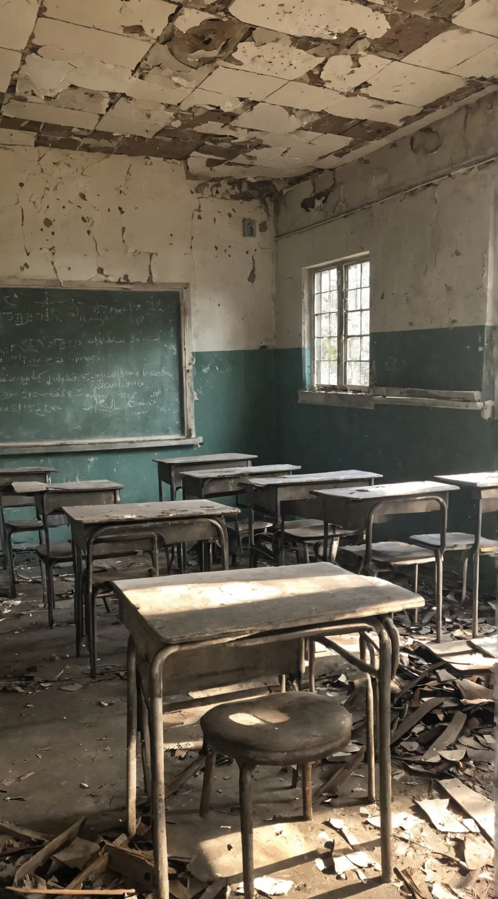 ai character: abandoned school background