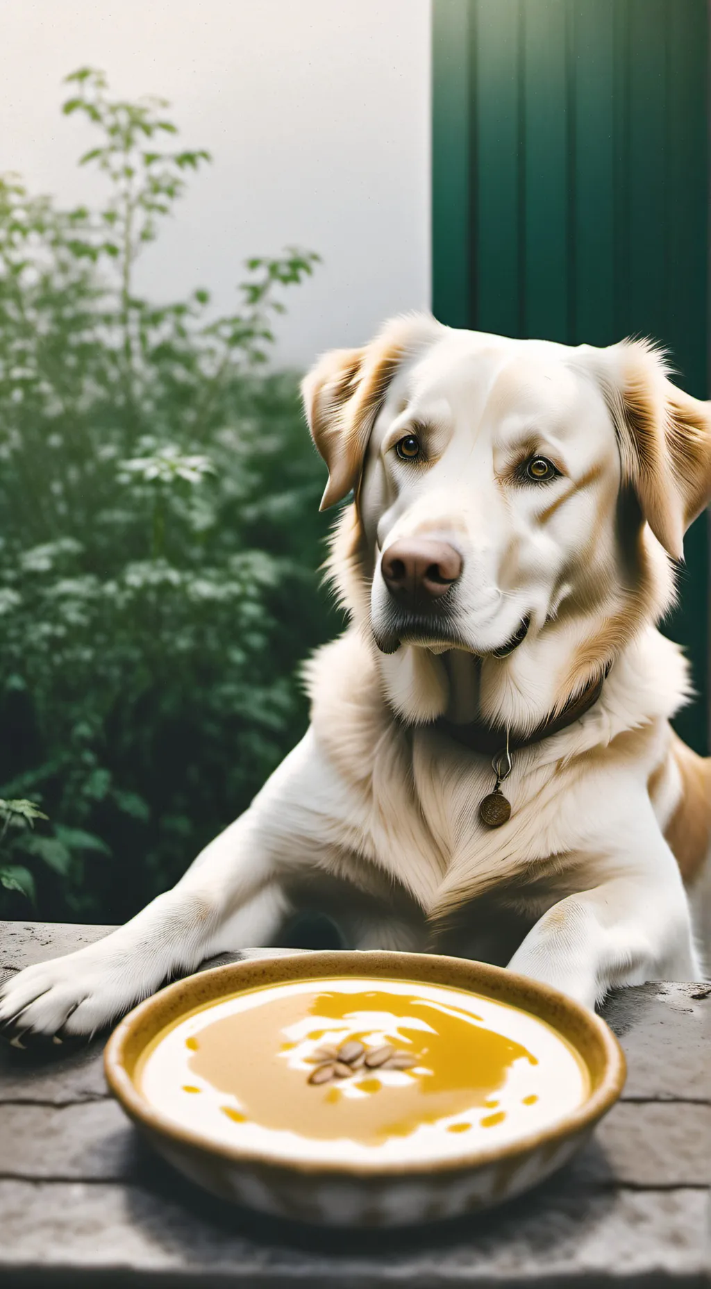 ai character: Dog eating cereal background
