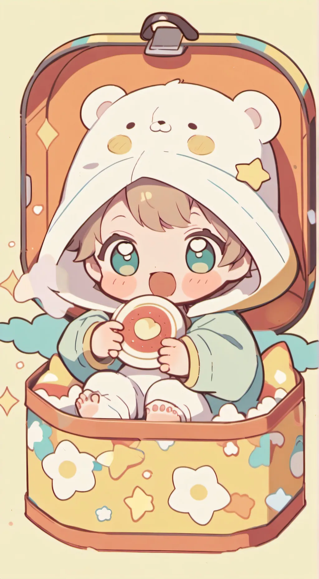 ai character: Bebita en cajita background