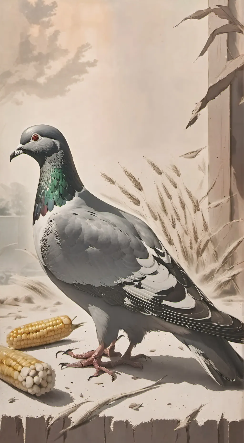 ai character: pigeon with corn background