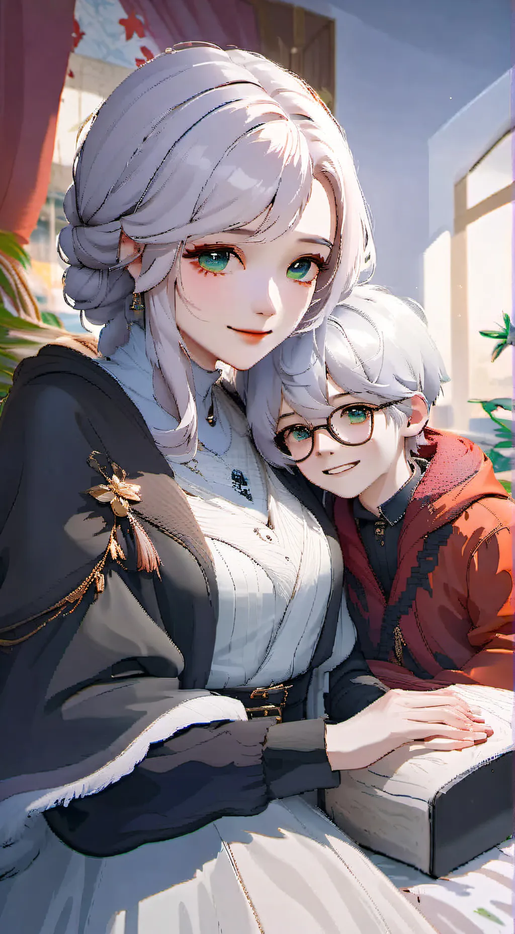 ai character: Mom and son  background