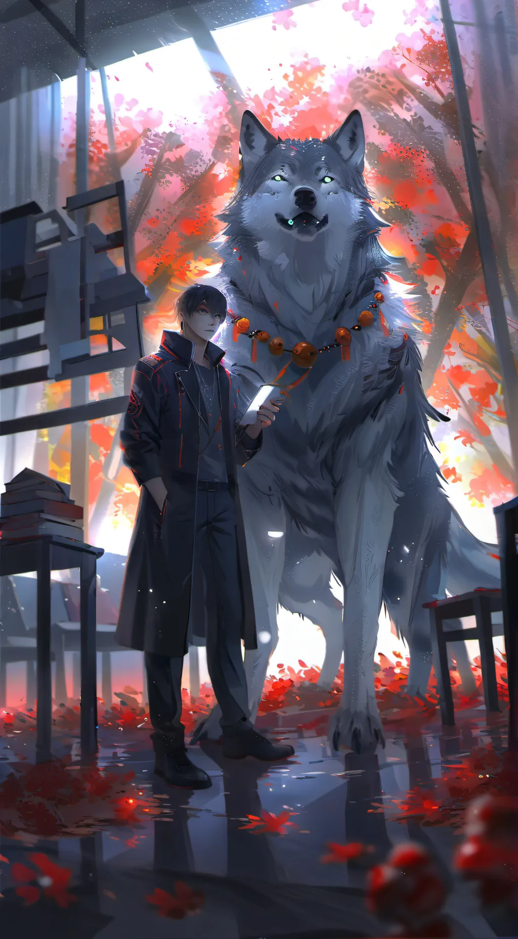 ai character: wolf in school background
