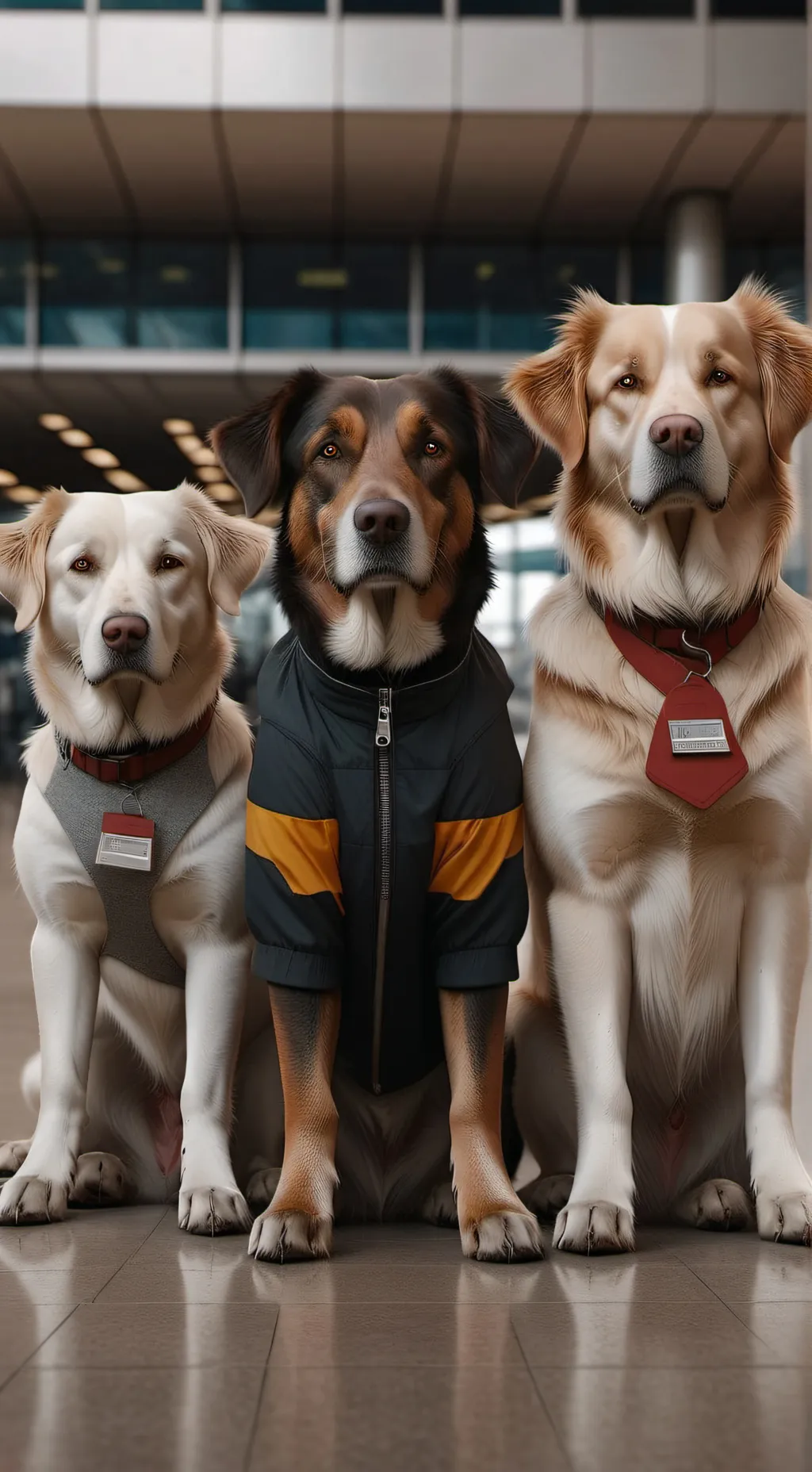 ai character: 3 dogs airport background